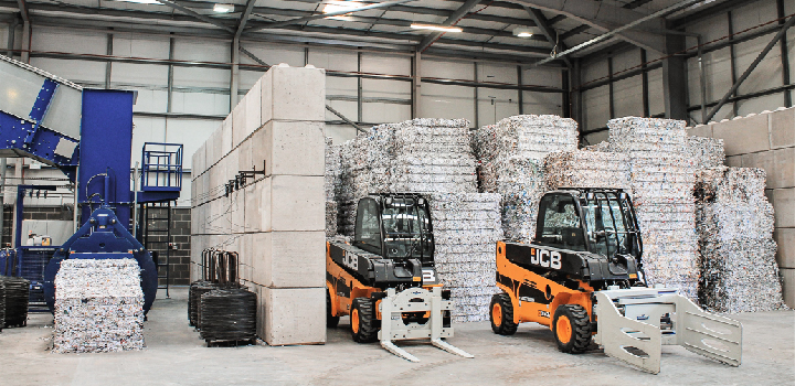 Photograph of baled shredded paperwork at high-security destruction facility in Manchester, UK.