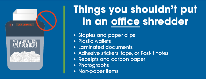 Illustration showing things that you shouldn't put in an office shredder