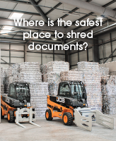 Text saying "where is the safest place to shred documents?" on top of a photograph showing bales of stacked shredded paper