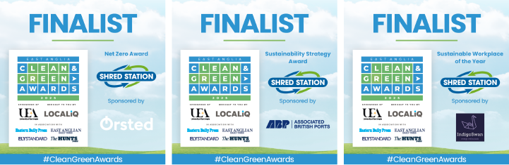 Shred Station finalist graphics - Net Zero Award, Sustainability Strategy Award, and Sustainable Workplace of the Year Award.